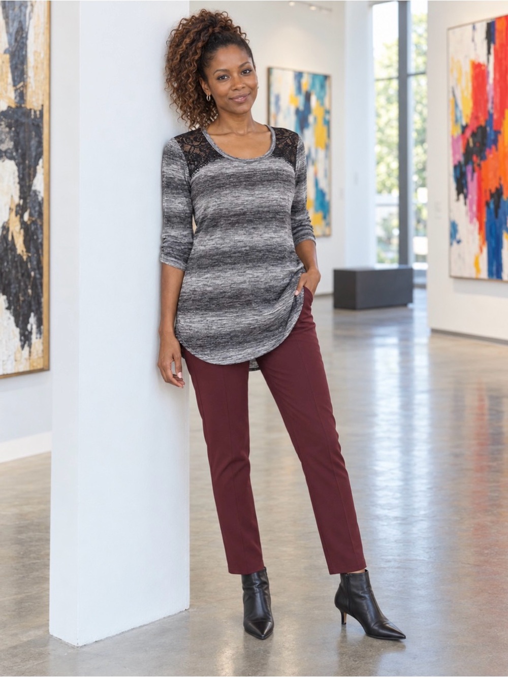 AMYwear Gray Striped Tunic Blouse Black Lace Shoulder Detail